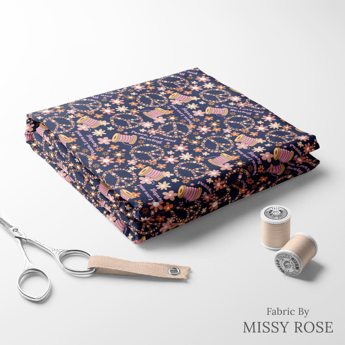 Design 520 Retro Sewing Fabric folded fabric stack with matching thread – pre-order fabric Australia | Fabric by Missy Rose