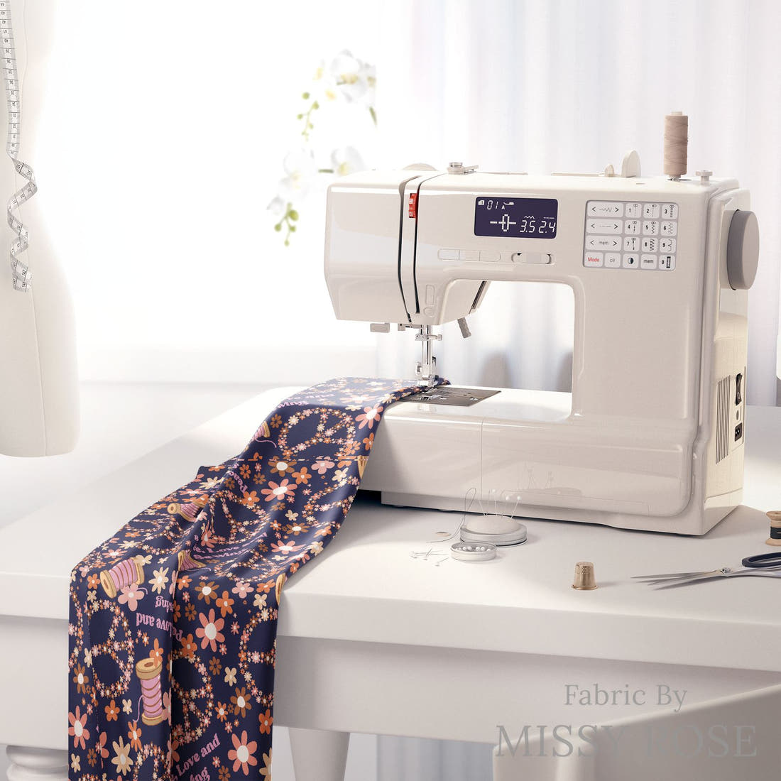Design 520 Retro Sewing Fabric on a sewing machine – premium fabric for sewing projects | Fabric by Missy Rose