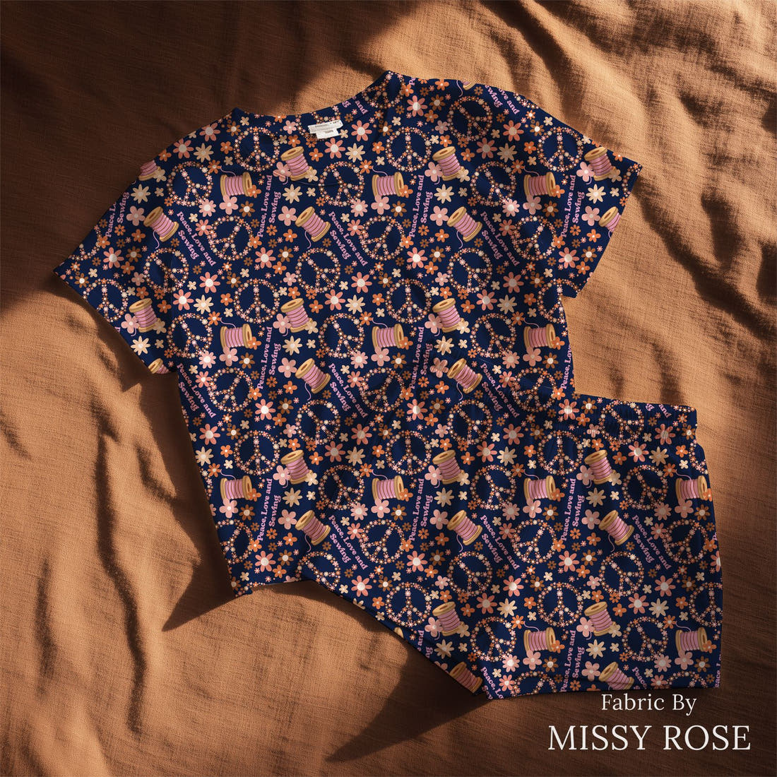 Design 520 Retro Sewing Fabric sewn into a lounge set – see how the print looks made up | Fabric by Missy Rose
