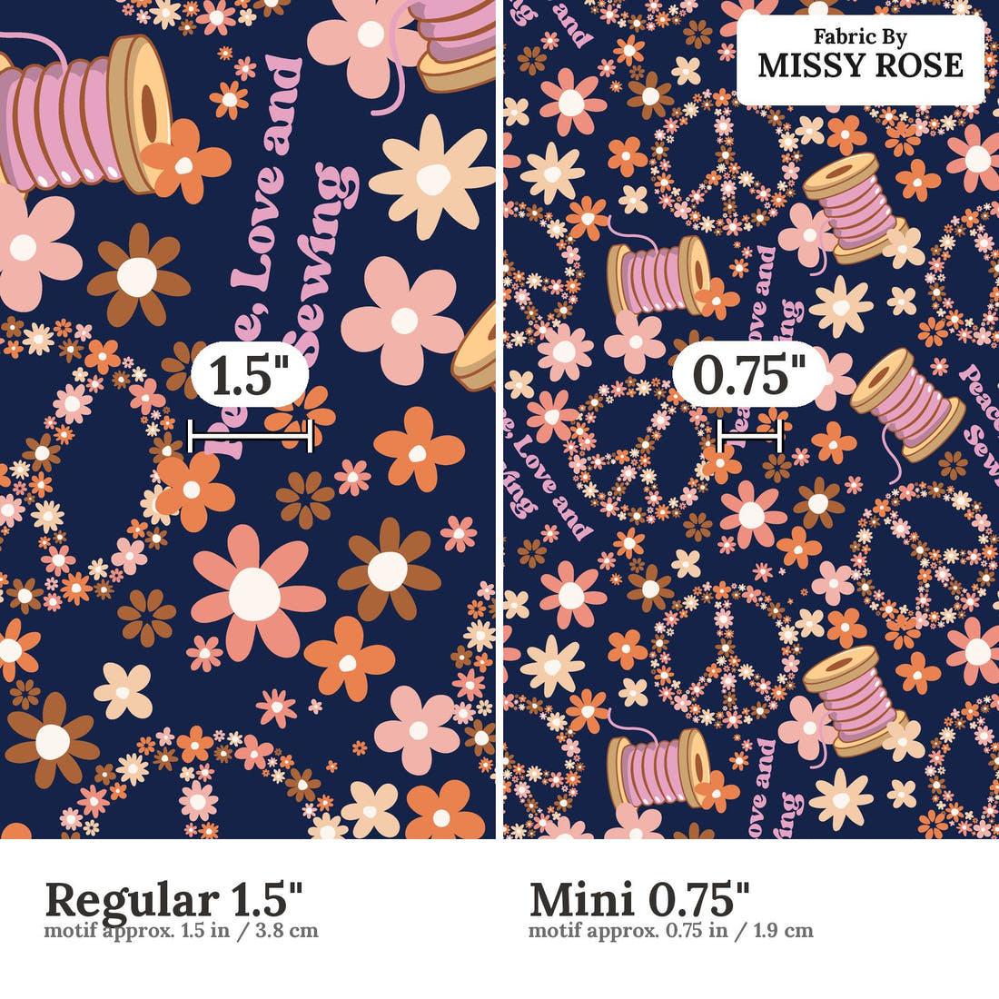 Design 520 Retro Sewing Fabric size comparison - print scale | Fabric by Missy Rose