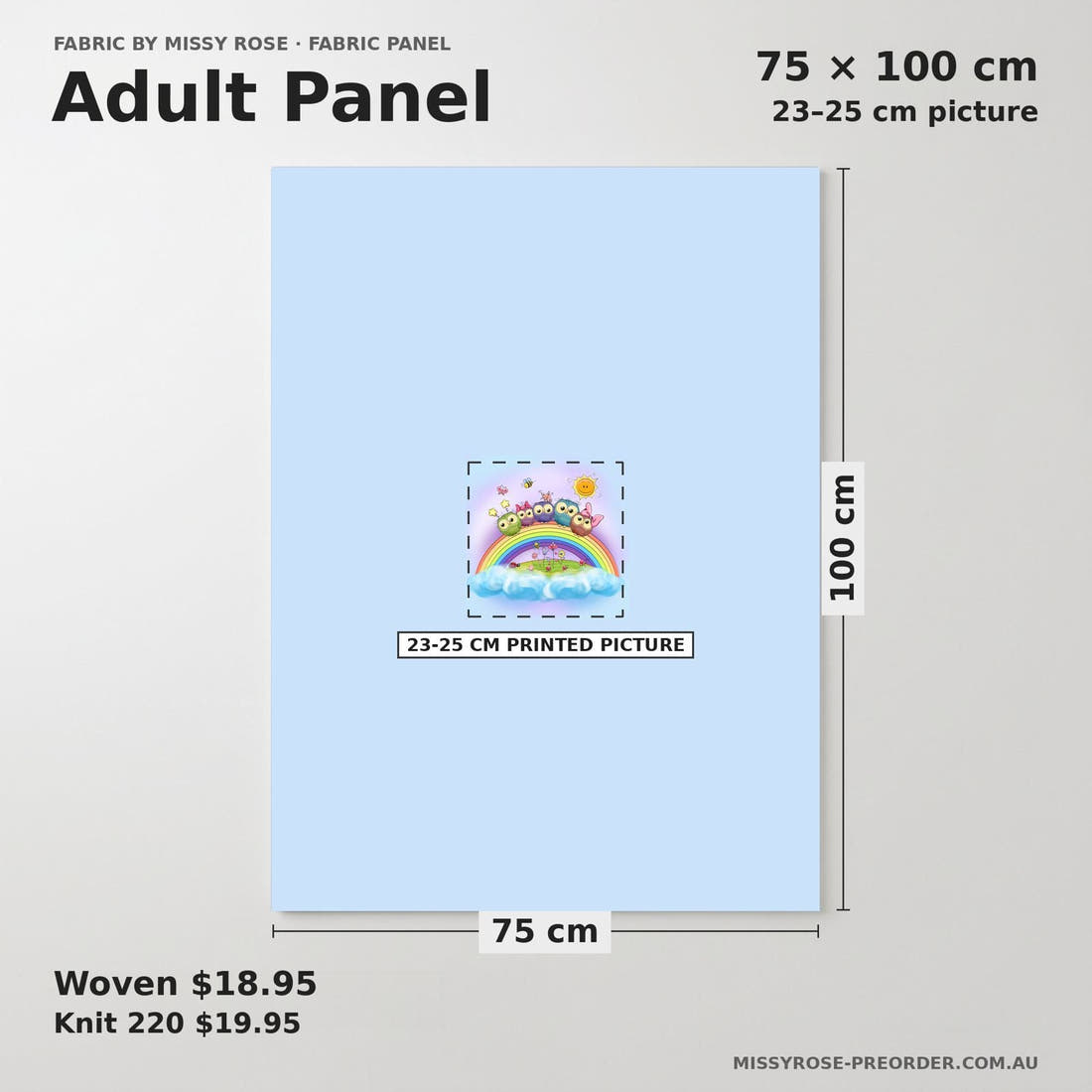 Design 521 Rainbow Owls Panel adult panel sizing – 23–25 cm printed picture on 75 × 100 cm fabric | Fabric by Missy Rose