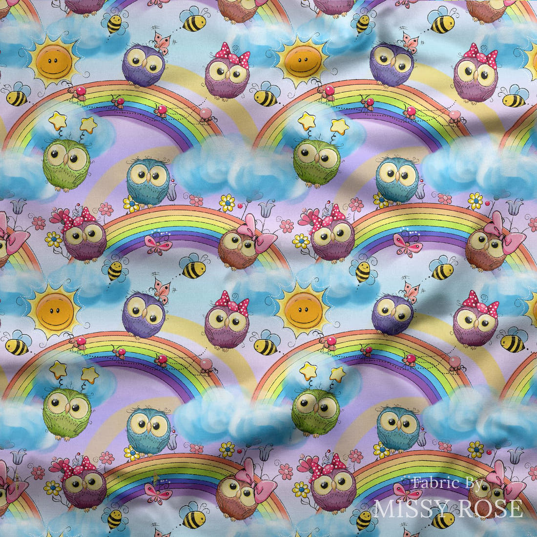 Design 521 Rainbow Owls Fabric draped fabric mockup – custom printed fabric by the metre | Fabric by Missy Rose