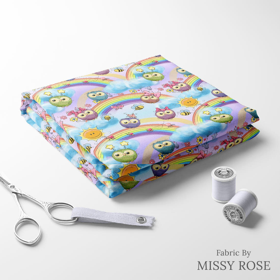 Design 521 Rainbow Owls Fabric folded fabric stack with matching thread – pre-order fabric Australia | Fabric by Missy Rose