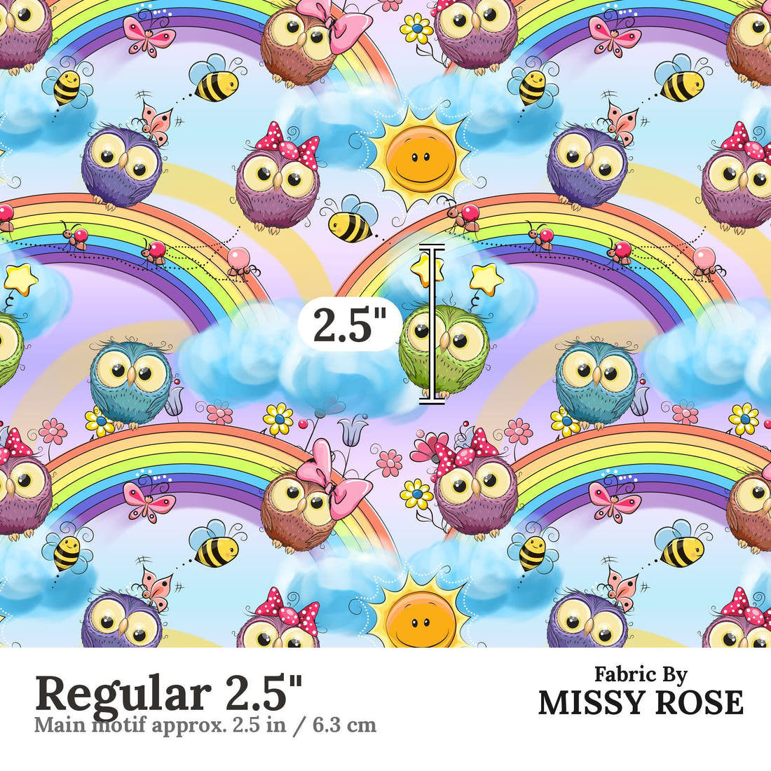 Design 521 Rainbow Owls Fabric Regular 2.5" - print scale | Fabric by Missy Rose