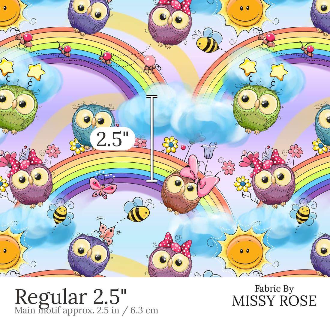 Design 521 Rainbow Owls Fabric Regular 2.5 inch print scale guide | Fabric by Missy Rose