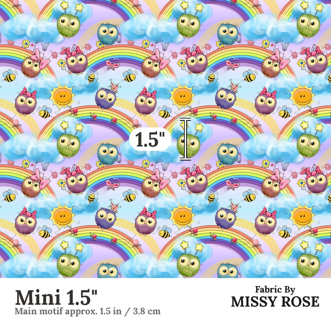 Design 521 Rainbow Owls Fabric Mini 1.5" - print scale | Fabric by Missy Rose