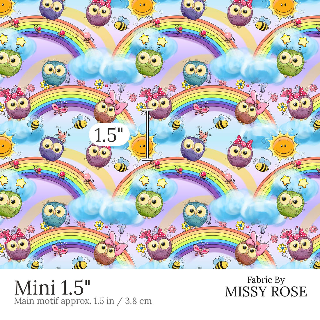 Design 521 Rainbow Owls Fabric Mini 1.5 inch print scale guide | Fabric by Missy Rose