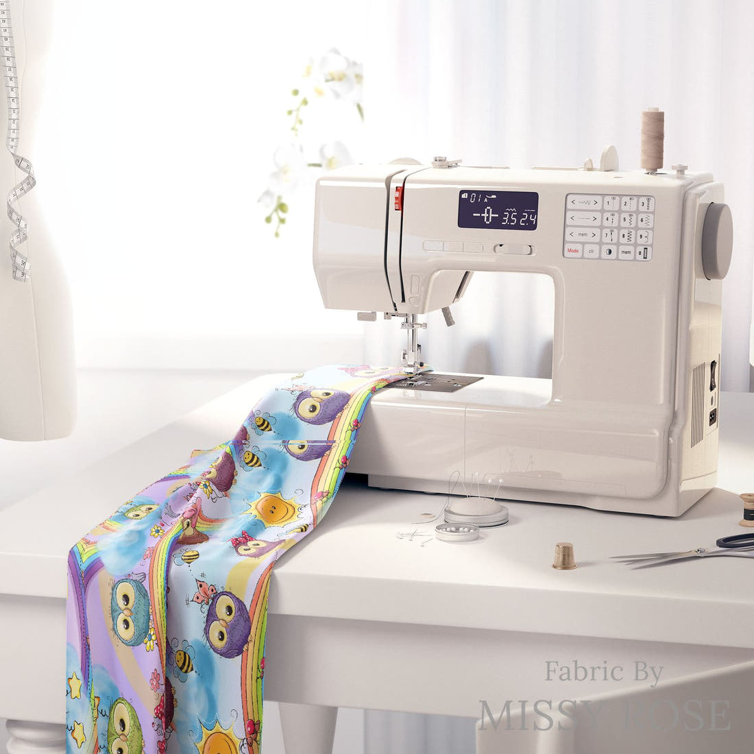 Design 521 Rainbow Owls Fabric on a sewing machine – premium fabric for sewing projects | Fabric by Missy Rose