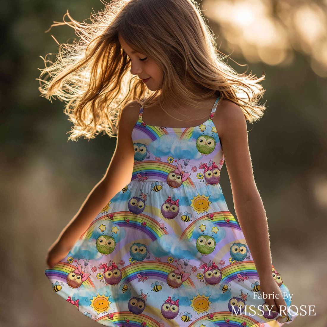 Design 521 Rainbow Owls Fabric sewn into a girls' dress – see how the print looks made up | Fabric by Missy Rose
