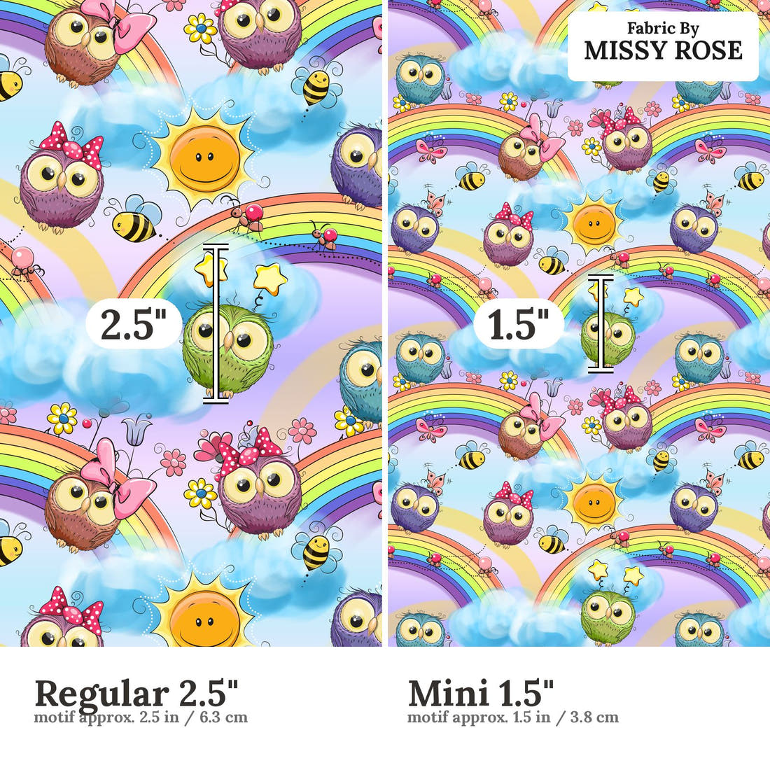 Design 521 Rainbow Owls Fabric size comparison - print scale | Fabric by Missy Rose