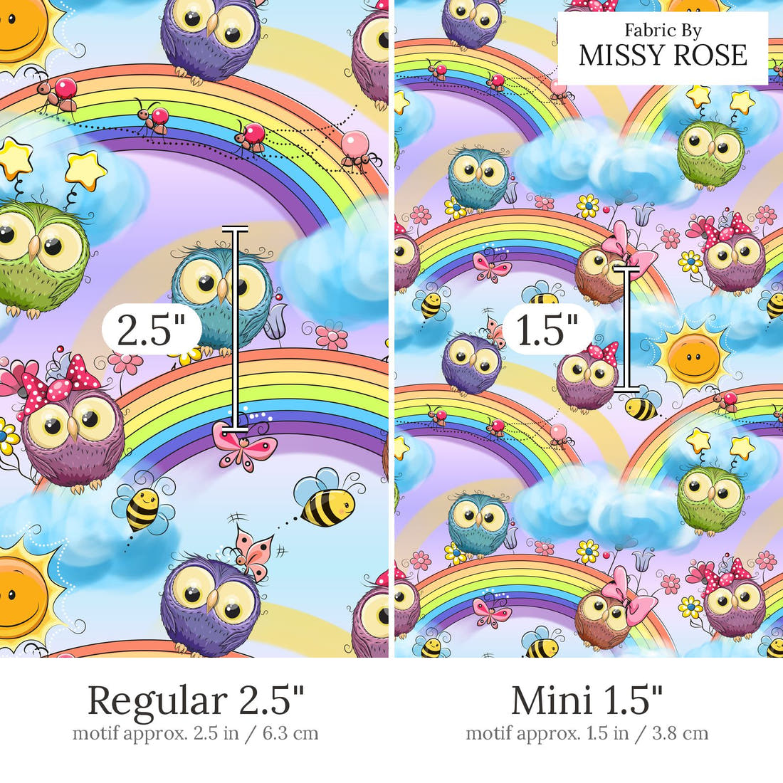 Design 521 Rainbow Owls Fabric Regular 2.5 inch vs Mini 1.5 inch print scale side by side | Fabric by Missy Rose