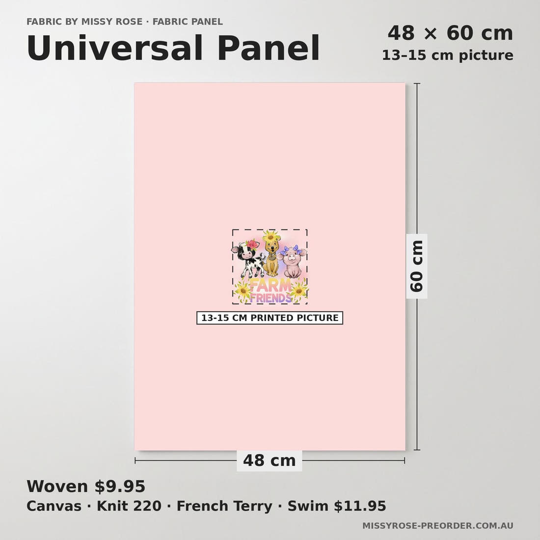Design 522 Pink Farm Panel universal panel sizing – 13–15 cm printed picture on 48 × 60 cm fabric | Fabric by Missy Rose