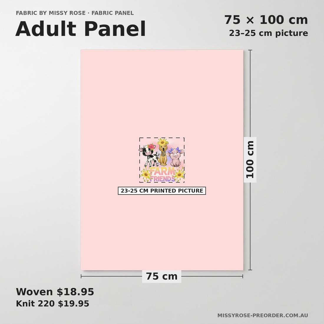 Design 522 Pink Farm Panel adult panel sizing – 23–25 cm printed picture on 75 × 100 cm fabric | Fabric by Missy Rose
