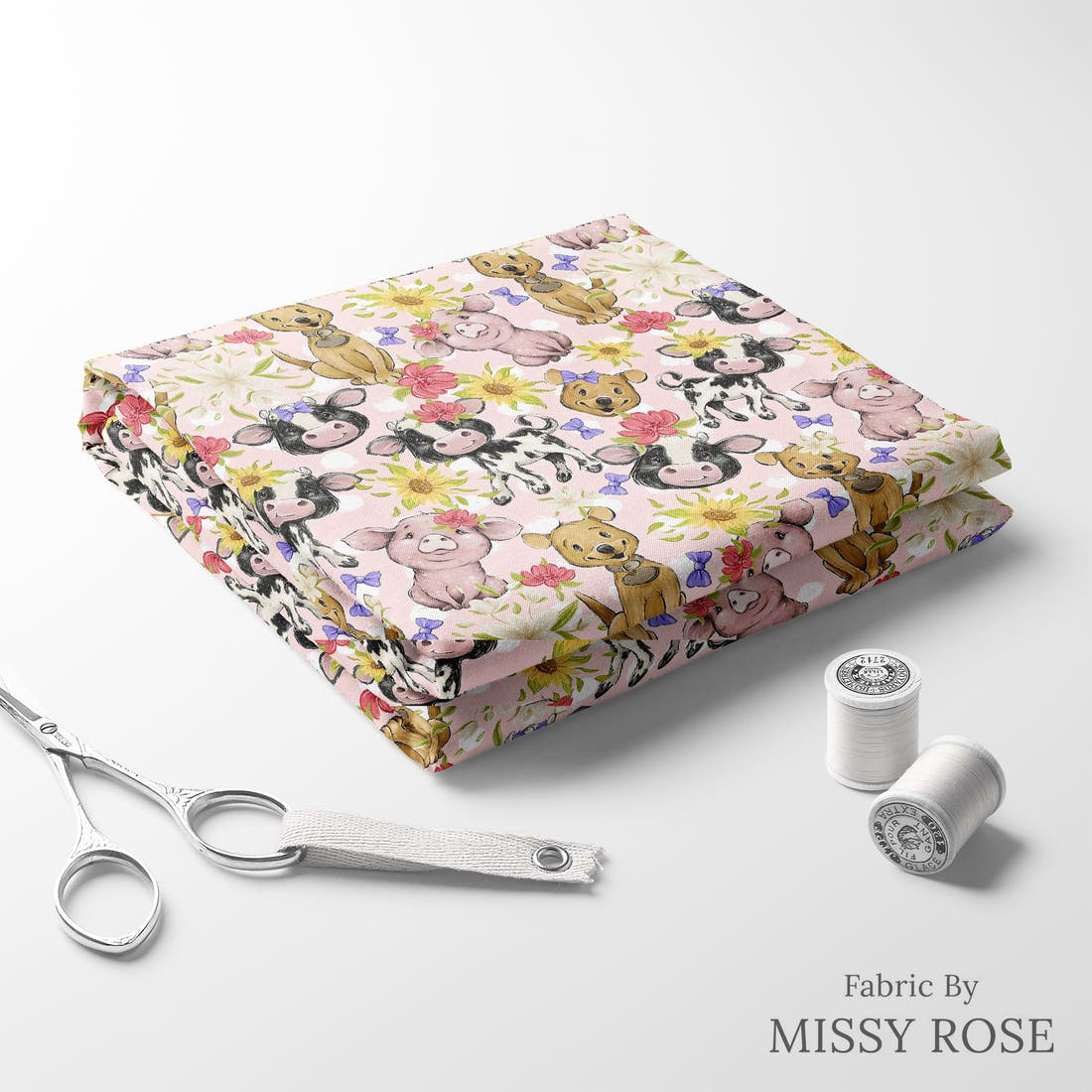 Design 522 Pink Farm Fabric folded fabric stack with matching thread – pre-order fabric Australia | Fabric by Missy Rose