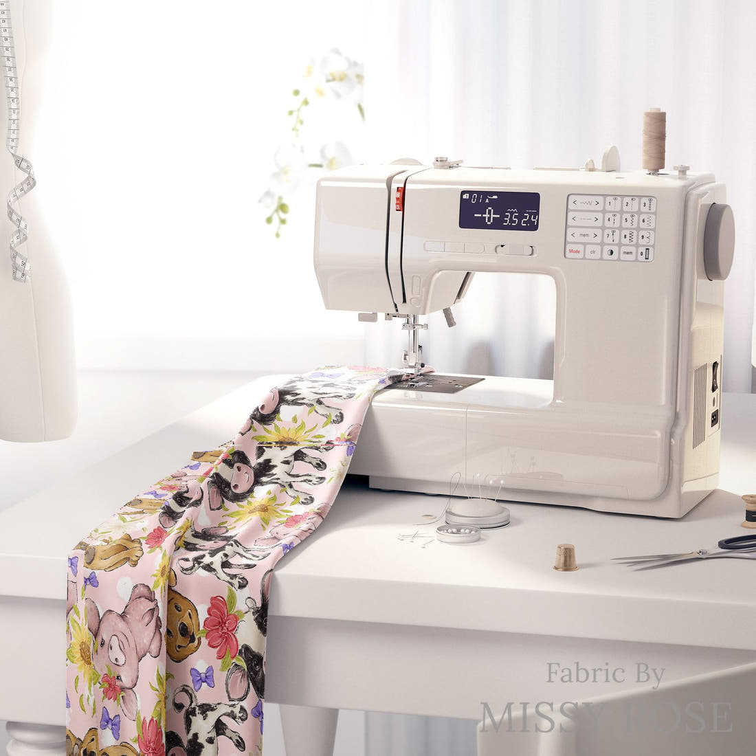 Design 522 Pink Farm Fabric on a sewing machine – premium fabric for sewing projects | Fabric by Missy Rose
