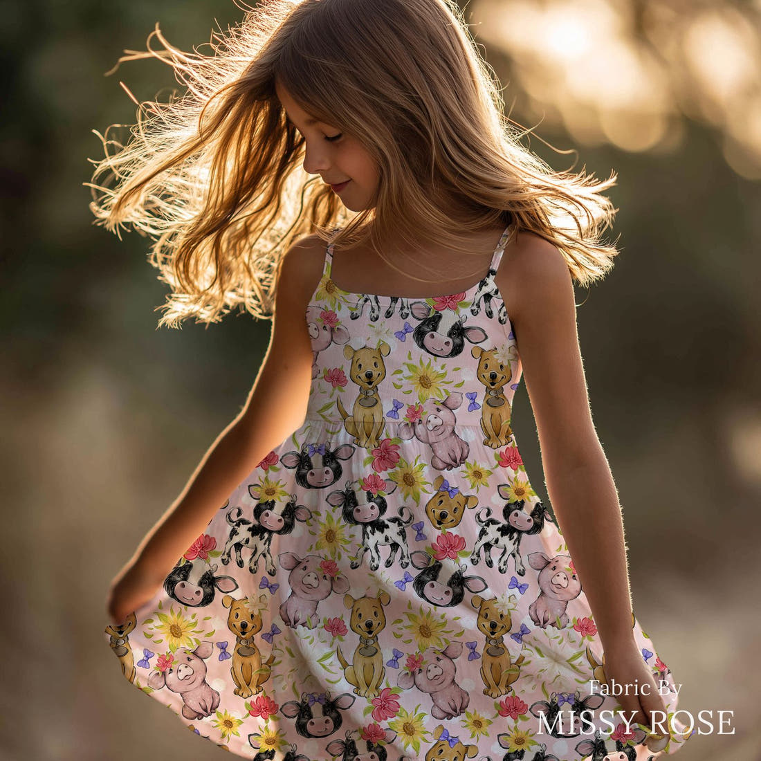 Design 522 Pink Farm Fabric sewn into a girls' dress – see how the print looks made up | Fabric by Missy Rose