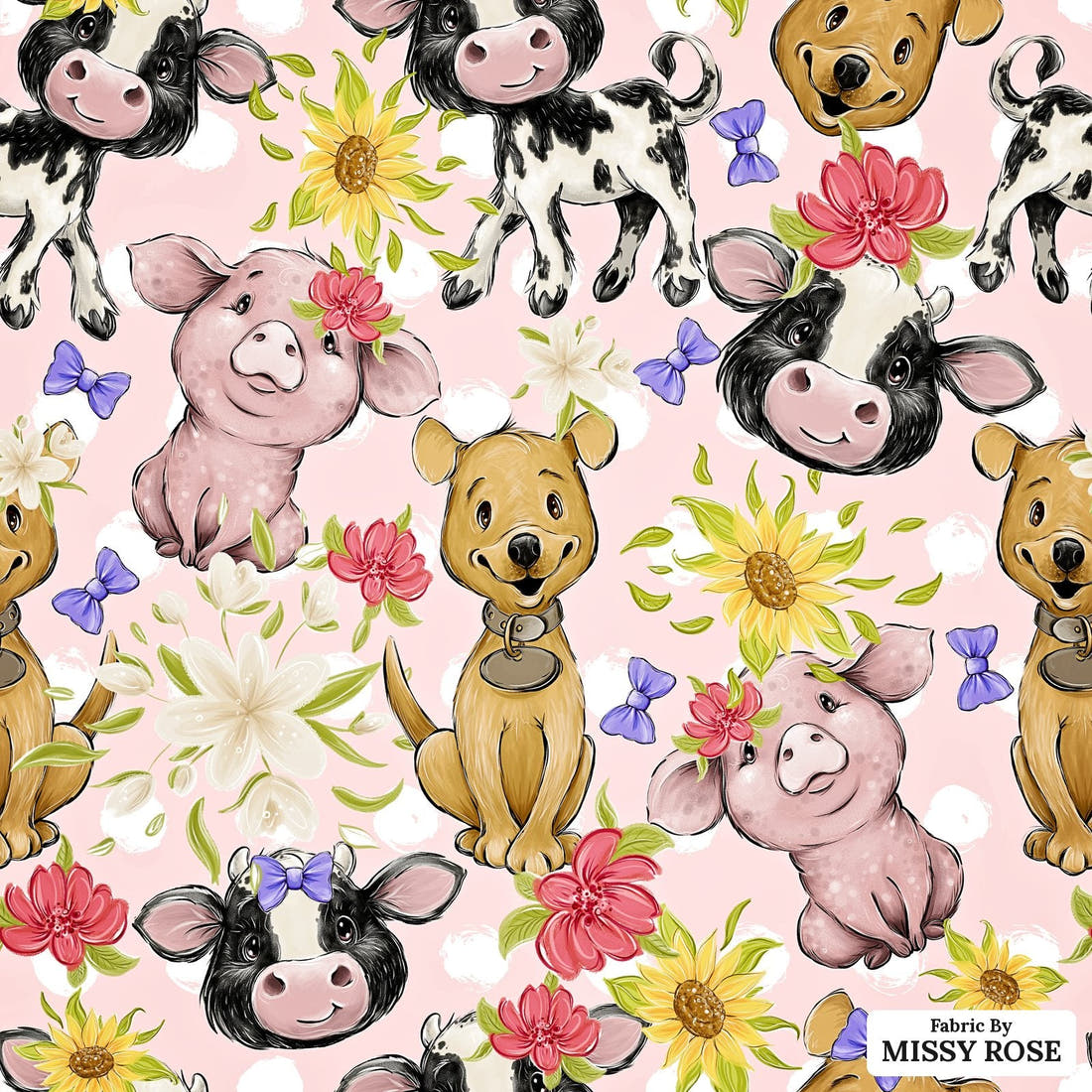 Design 522 Pink Farm Fabric - flat view of the print, zoom in for detail | Fabric by Missy Rose