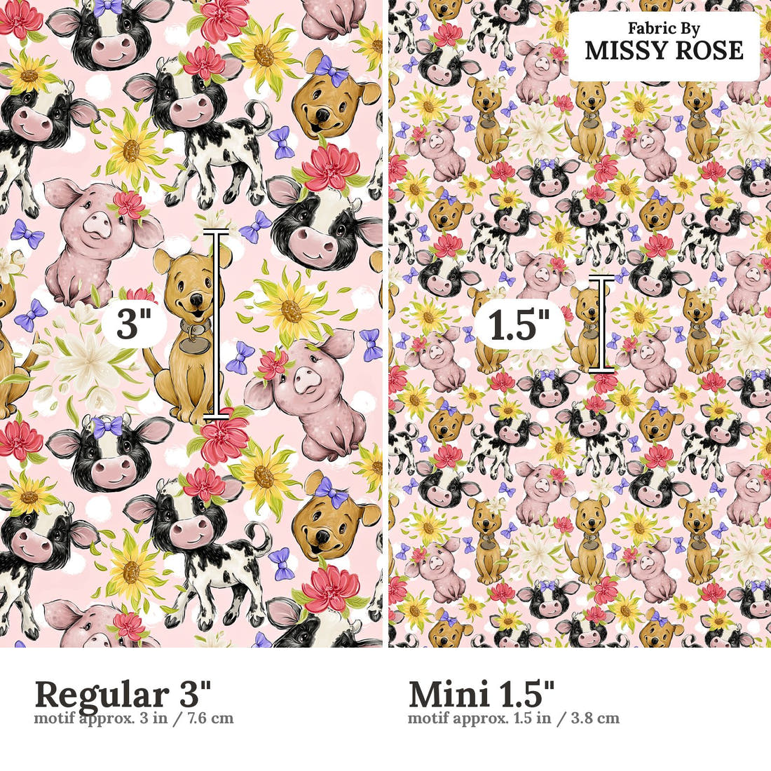Design 522 Pink Farm Fabric size comparison - print scale | Fabric by Missy Rose