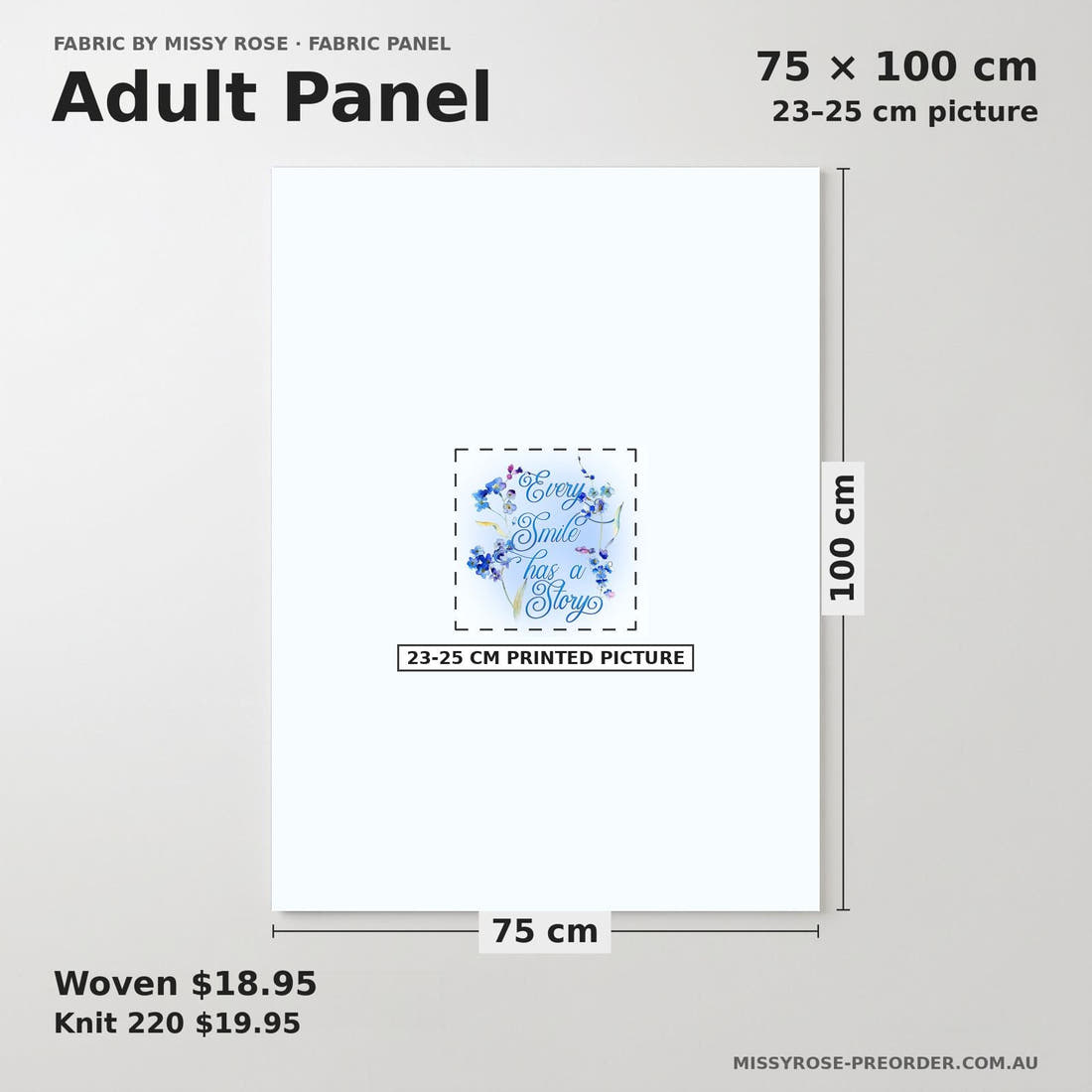 Design 523 Floral Panel adult panel sizing – 23–25 cm printed picture on 75 × 100 cm fabric | Fabric by Missy Rose
