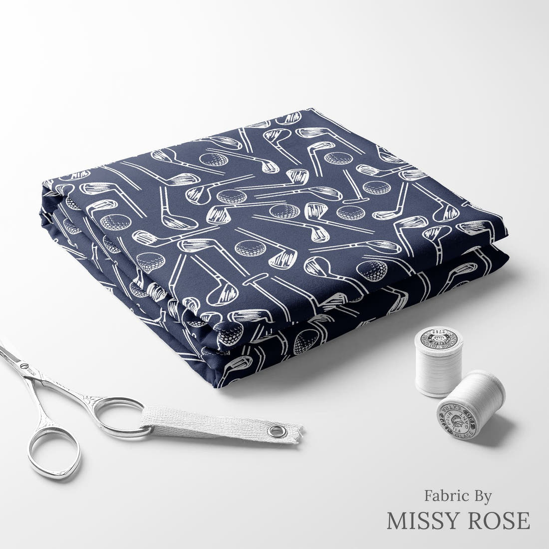 Design 524 Navy Golf Fabric folded fabric stack with matching thread – pre-order fabric Australia | Fabric by Missy Rose