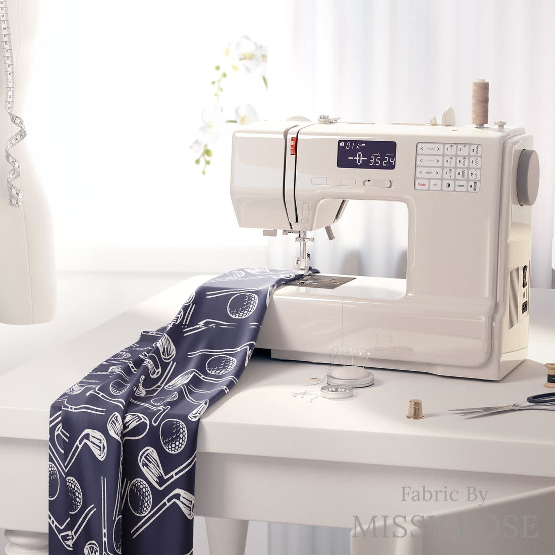 Design 524 Navy Golf Fabric on a sewing machine – premium fabric for sewing projects | Fabric by Missy Rose