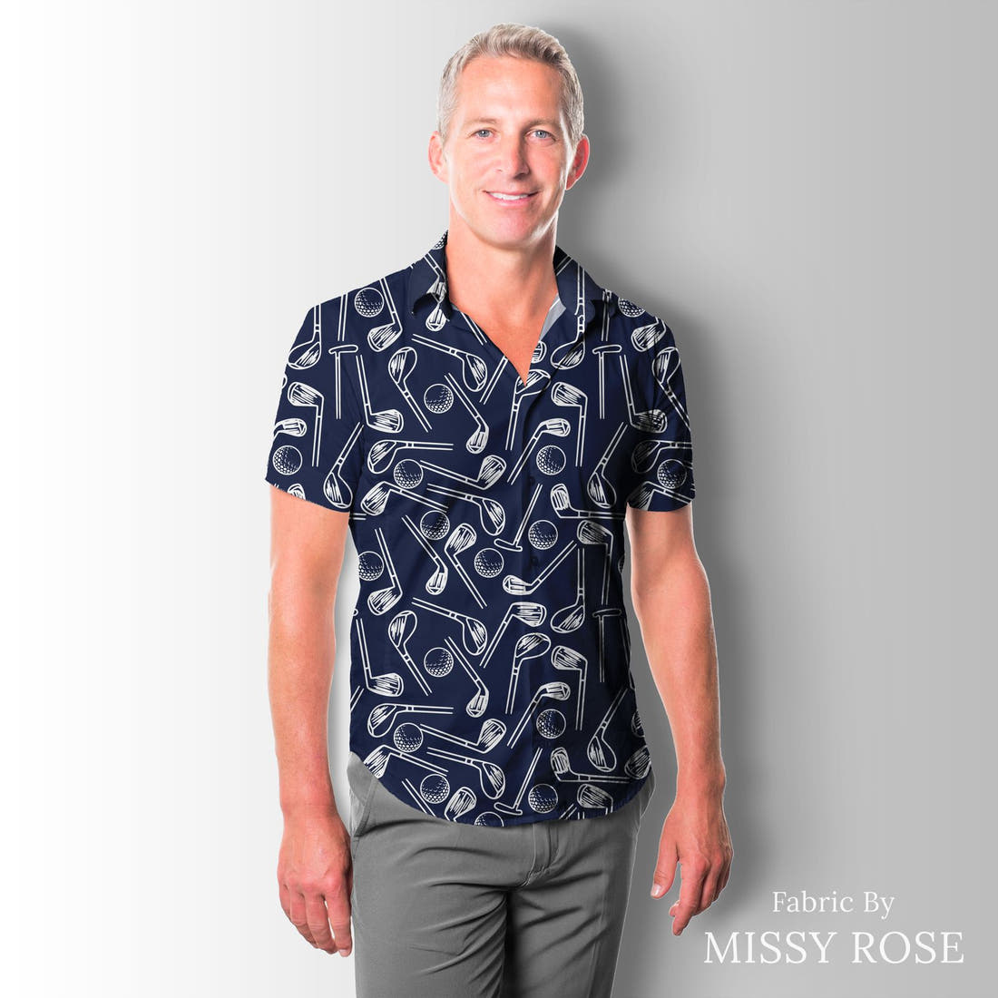 Design 524 Navy Golf Fabric sewn into a men's shirt – see how the print looks made up | Fabric by Missy Rose