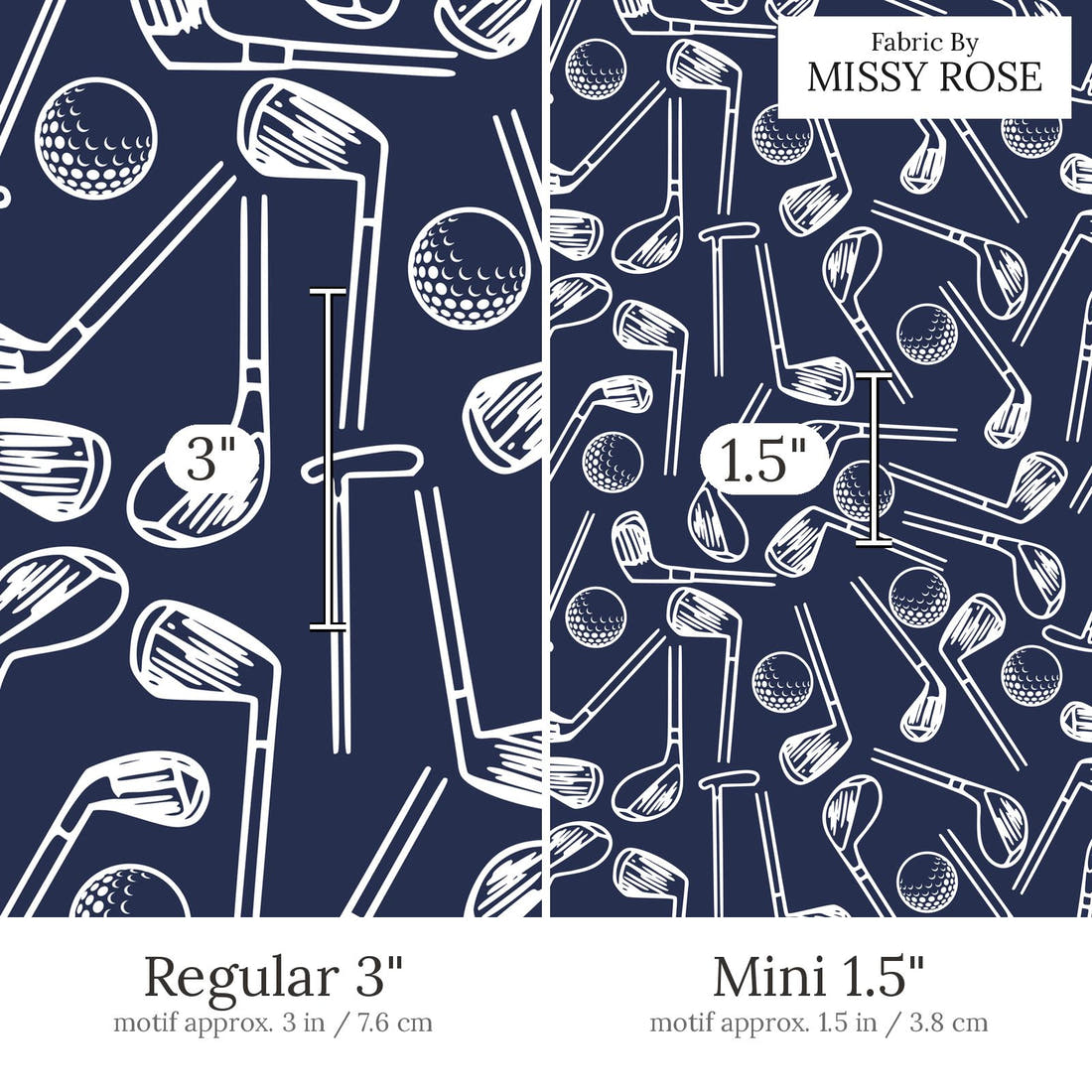Design 524 Navy Golf Fabric Regular 3 inch vs Mini 1.5 inch print scale side by side | Fabric by Missy Rose