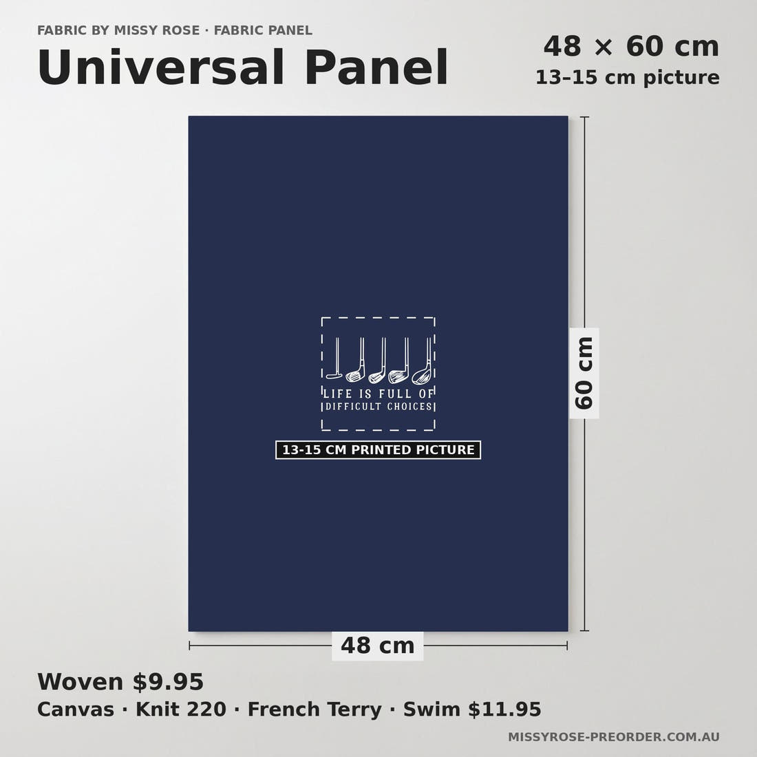 Design 524 Navy Golf Panel universal panel sizing – 13–15 cm printed picture on 48 × 60 cm fabric | Fabric by Missy Rose