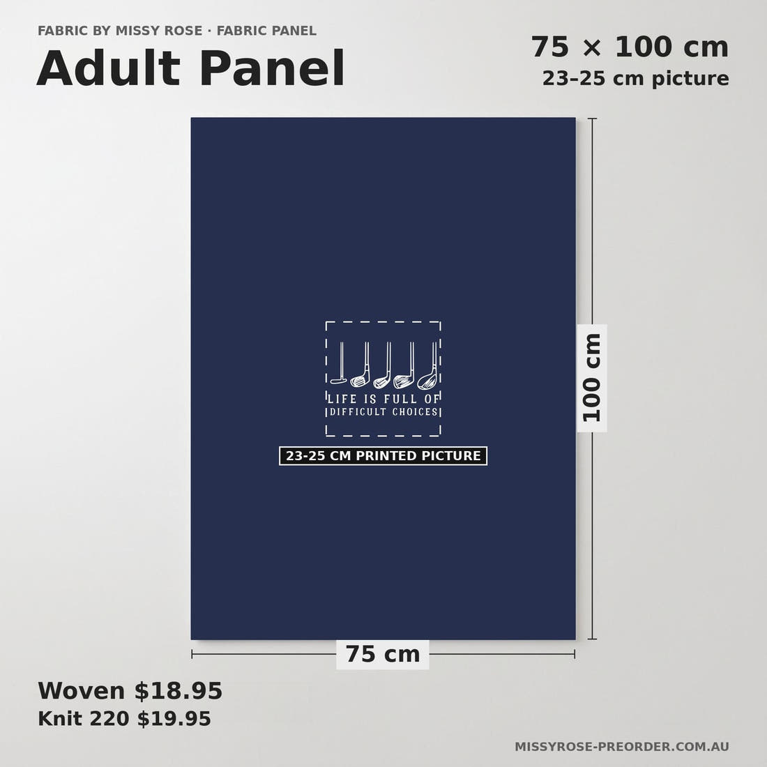 Design 524 Navy Golf Panel adult panel sizing – 23–25 cm printed picture on 75 × 100 cm fabric | Fabric by Missy Rose