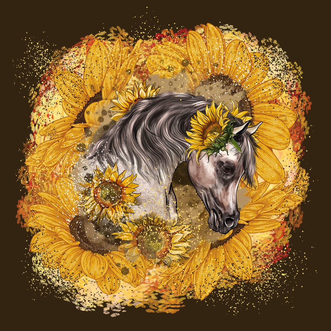 Design 525 Sunflower Horse Panel – full artwork close-up of the printed picture | Fabric by Missy Rose
