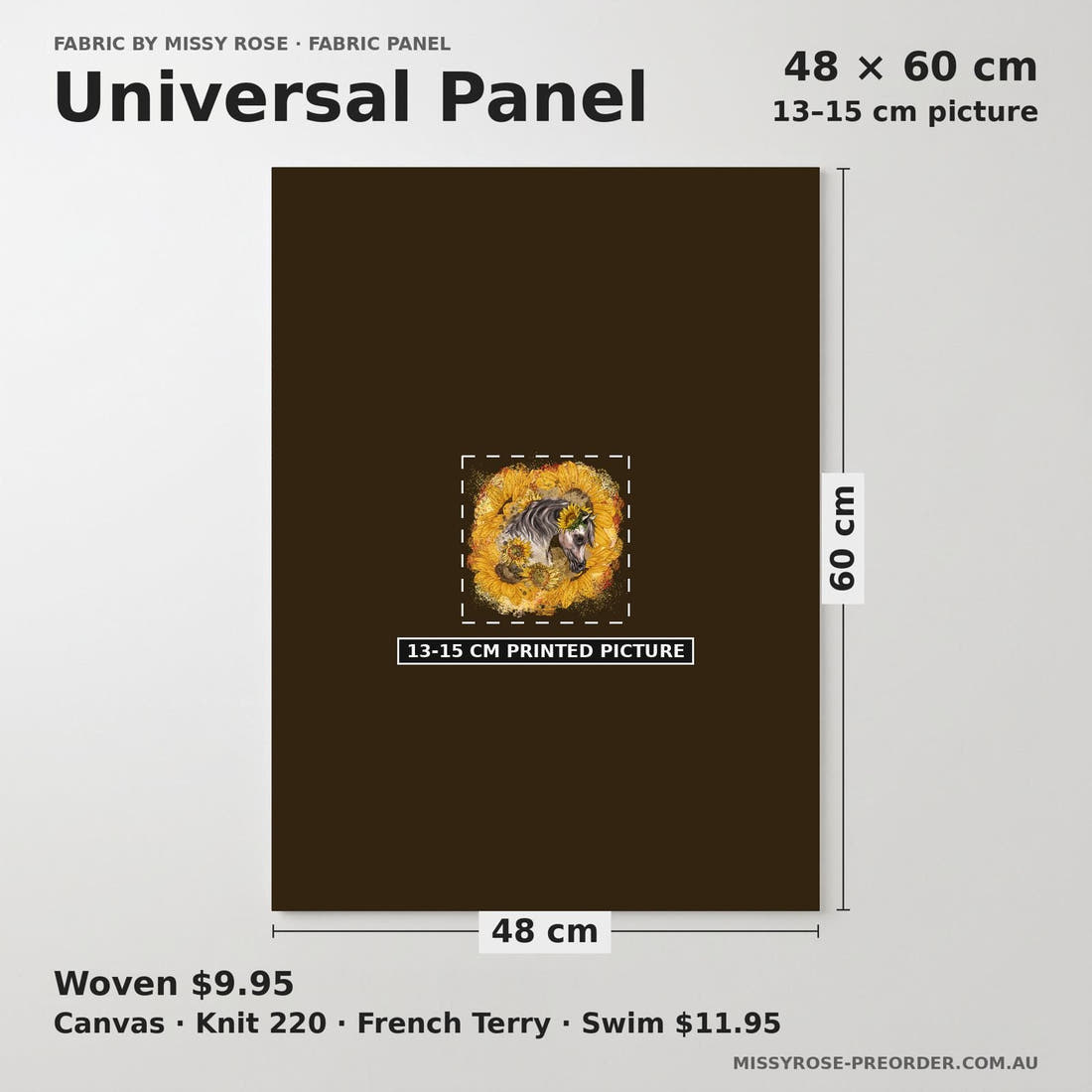 Design 525 Sunflower Horse Panel universal panel sizing – 13–15 cm printed picture on 48 × 60 cm fabric | Fabric by Missy Rose