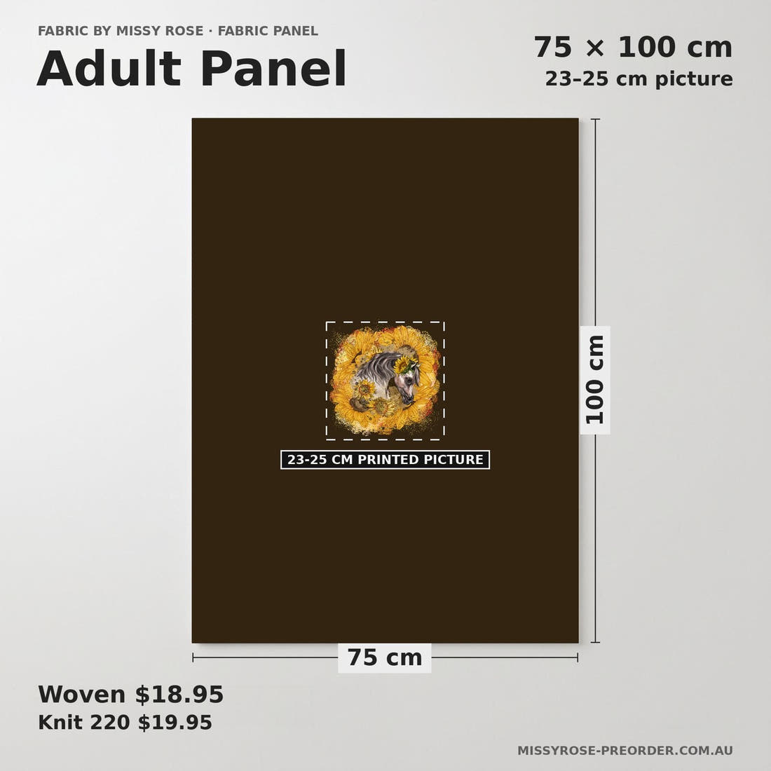 Design 525 Sunflower Horse Panel adult panel sizing – 23–25 cm printed picture on 75 × 100 cm fabric | Fabric by Missy Rose