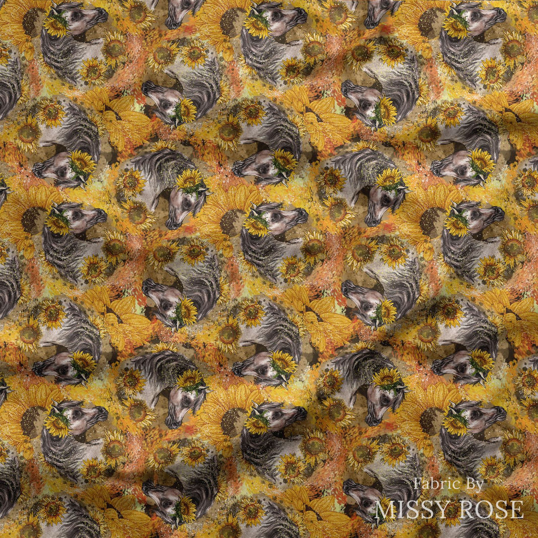 Design 525 Sunflower Horse Fabric draped fabric mockup – custom printed fabric by the metre | Fabric by Missy Rose
