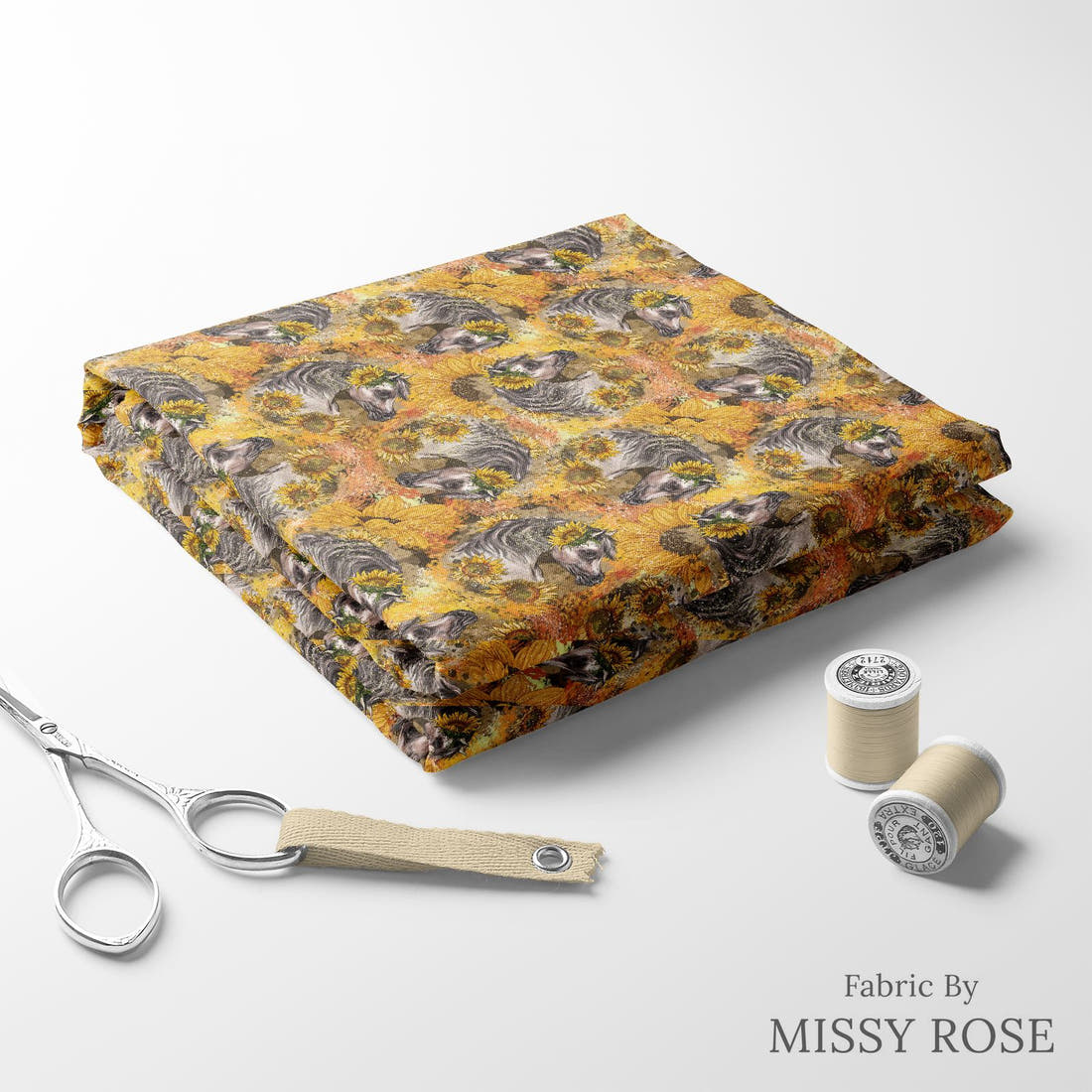 Design 525 Sunflower Horse Fabric folded fabric stack with matching thread – pre-order fabric Australia | Fabric by Missy Rose