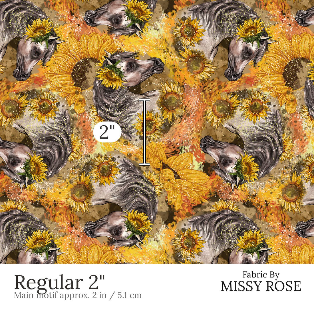 Design 525 Sunflower Horse Fabric Regular 2 inch print scale guide | Fabric by Missy Rose