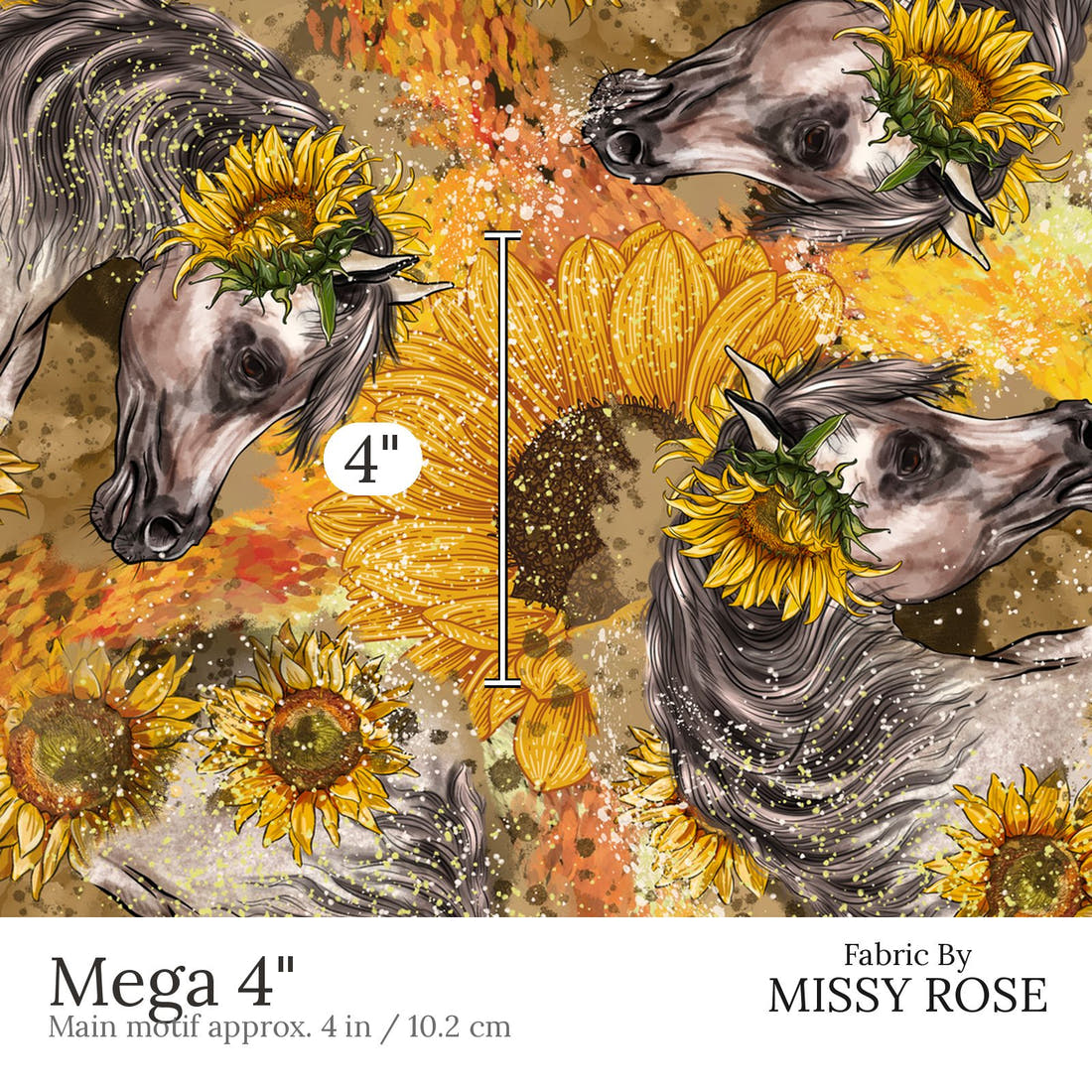 Design 525 Sunflower Horse Fabric Mega 4 inch print scale guide | Fabric by Missy Rose