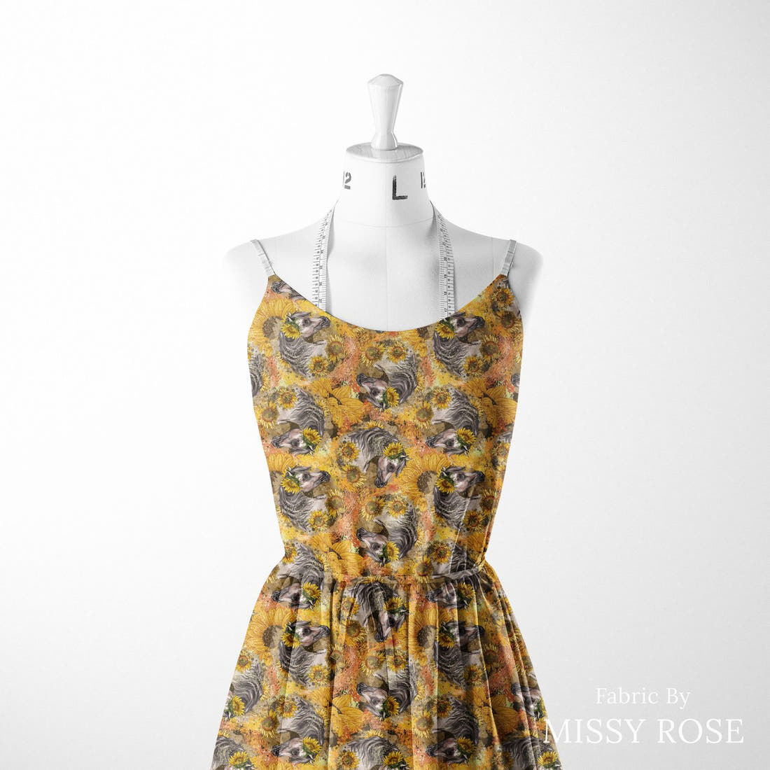 Design 525 Sunflower Horse Fabric sewn into a women's dress – see how the print looks made up | Fabric by Missy Rose