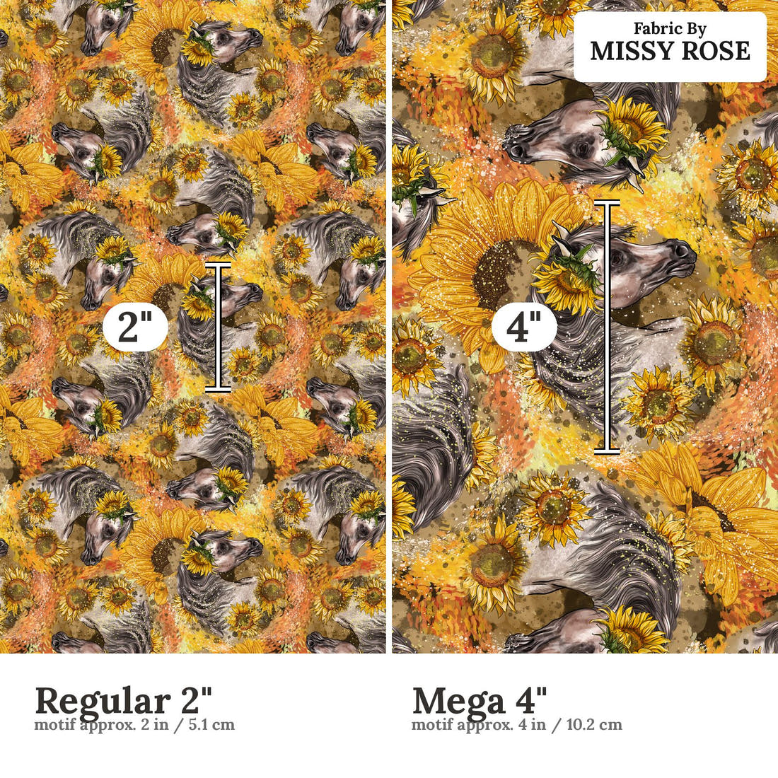 Design 525 Sunflower Horse Fabric size comparison - print scale | Fabric by Missy Rose