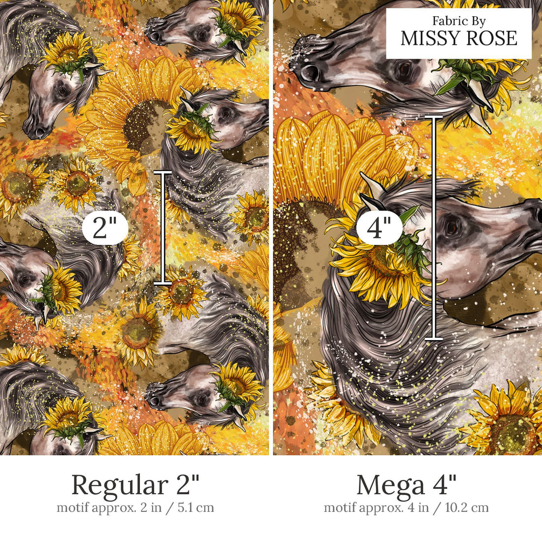 Design 525 Sunflower Horse Fabric Regular 2 inch vs Mega 4 inch print scale side by side | Fabric by Missy Rose