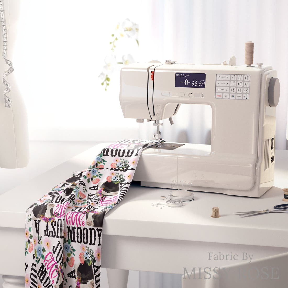 Design 526 Moody Fabric on a sewing machine – premium fabric for sewing projects | Fabric by Missy Rose