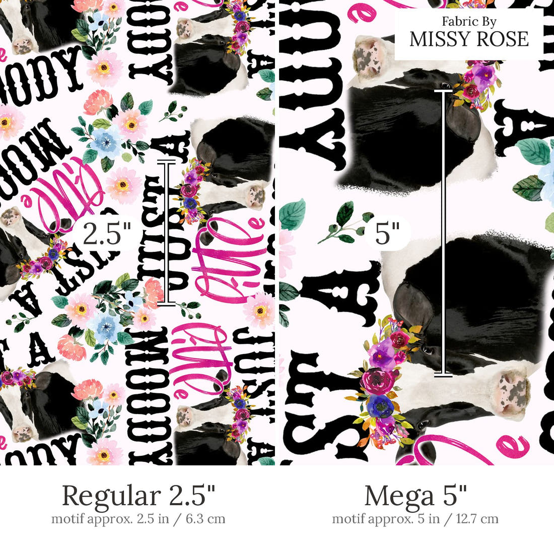 Design 526 Moody Fabric Regular 2.5 inch vs Mega 5 inch print scale side by side | Fabric by Missy Rose