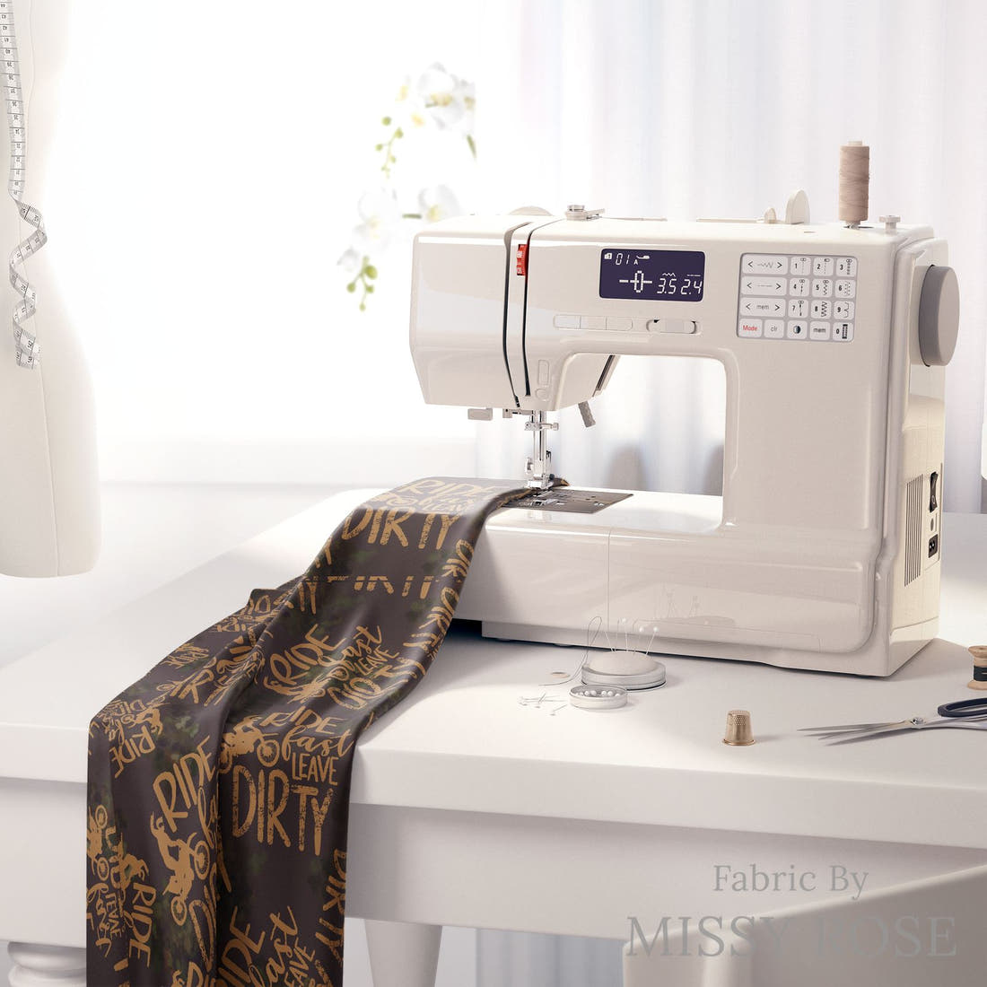 Design 527 Motocross Fabric on a sewing machine – premium fabric for sewing projects | Fabric by Missy Rose