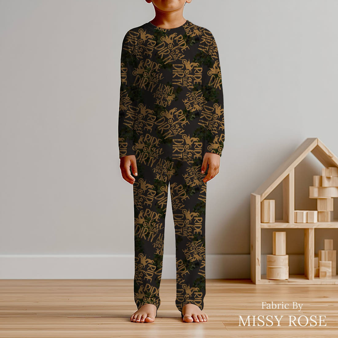 Design 527 Motocross Fabric sewn into kids' pyjamas – see how the print looks made up | Fabric by Missy Rose