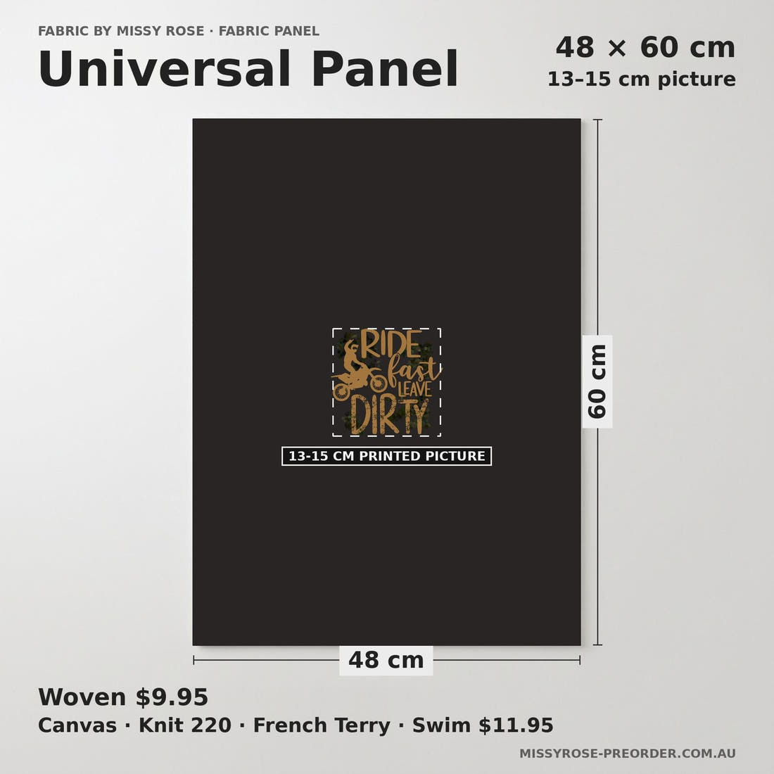 Design 527 Motocross Panel universal panel sizing – 13–15 cm printed picture on 48 × 60 cm fabric | Fabric by Missy Rose