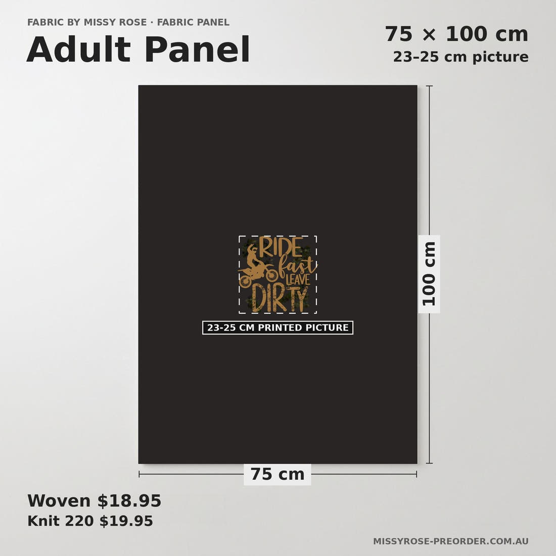 Design 527 Motocross Panel adult panel sizing – 23–25 cm printed picture on 75 × 100 cm fabric | Fabric by Missy Rose
