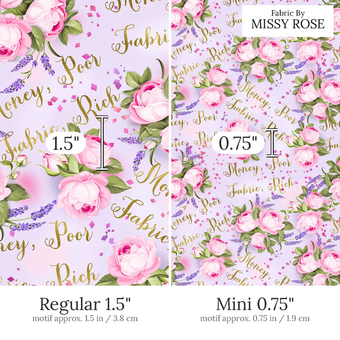 Design 528 Fabric Rich Fabric Regular 1.5 inch vs Mini 0.75 inch print scale side by side | Fabric by Missy Rose