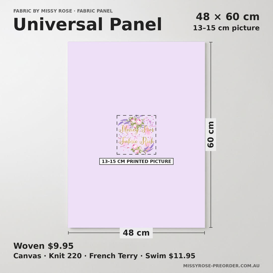 Design 528 Fabric Rich Panel universal panel sizing – 13–15 cm printed picture on 48 × 60 cm fabric | Fabric by Missy Rose