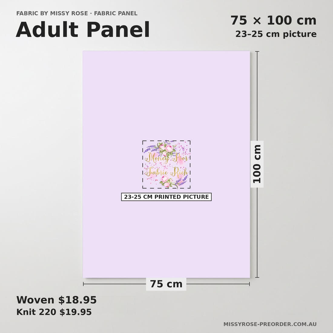Design 528 Fabric Rich Panel adult panel sizing – 23–25 cm printed picture on 75 × 100 cm fabric | Fabric by Missy Rose