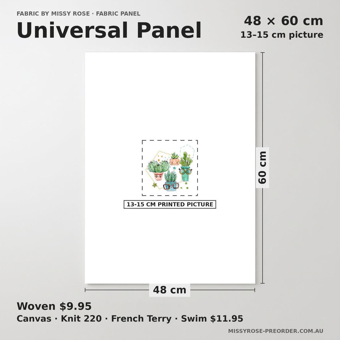 Design 529 White Cactus Panel universal panel sizing – 13–15 cm printed picture on 48 × 60 cm fabric | Fabric by Missy Rose