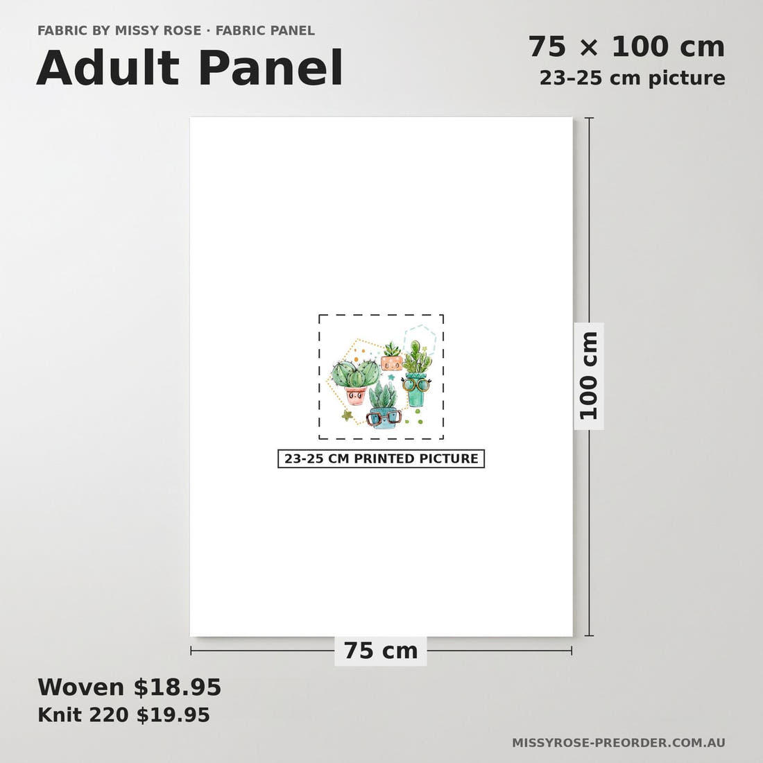 Design 529 White Cactus Panel adult panel sizing – 23–25 cm printed picture on 75 × 100 cm fabric | Fabric by Missy Rose